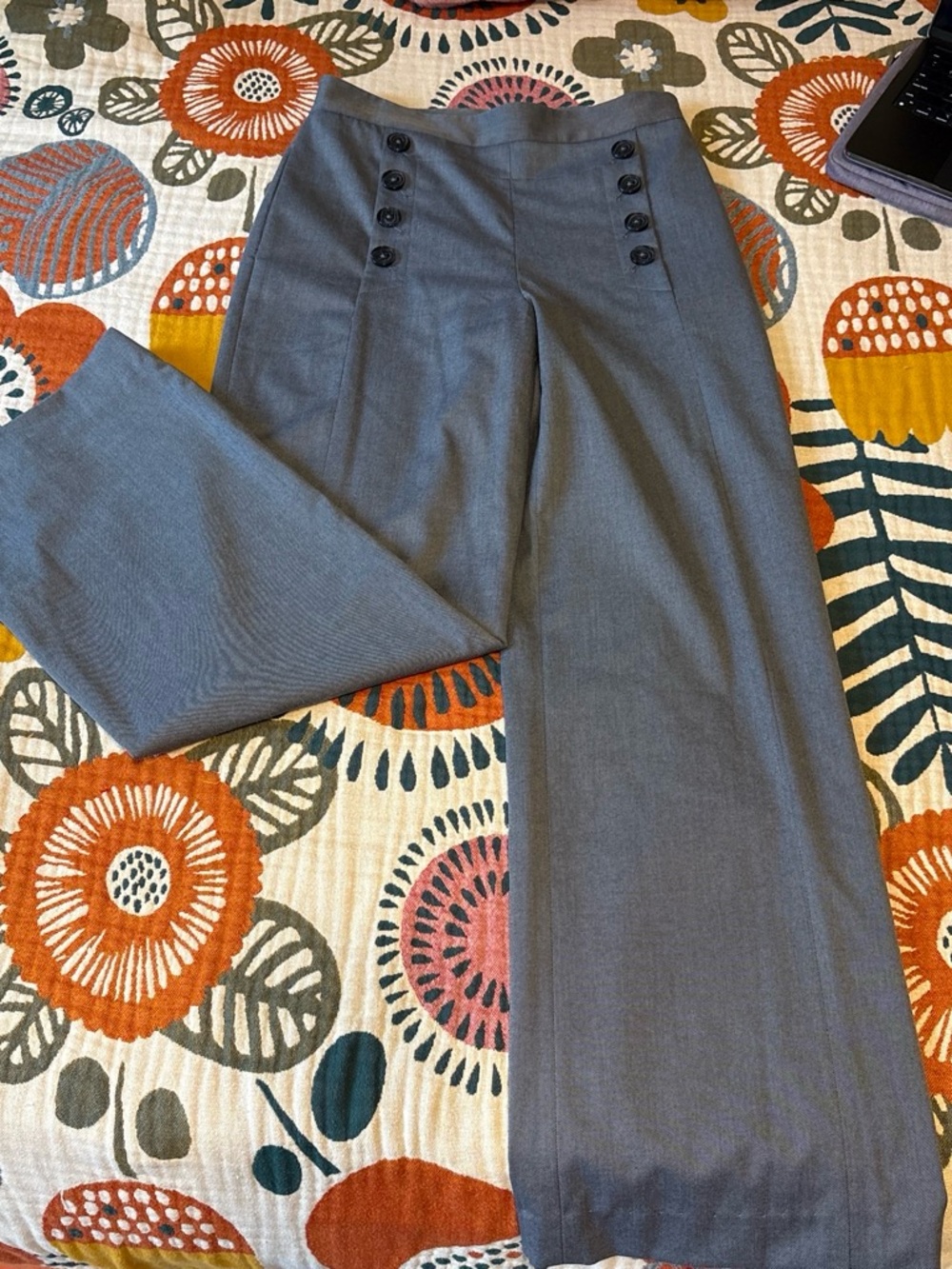 DKNY High-waisted blue grey trousers with button detail wide leg